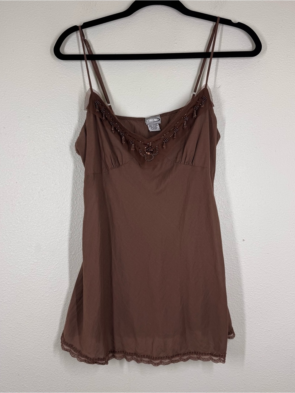 Vintage Y2K Rave Cami Tank Top Babydoll Brown Beaded Mesh Women’s Large